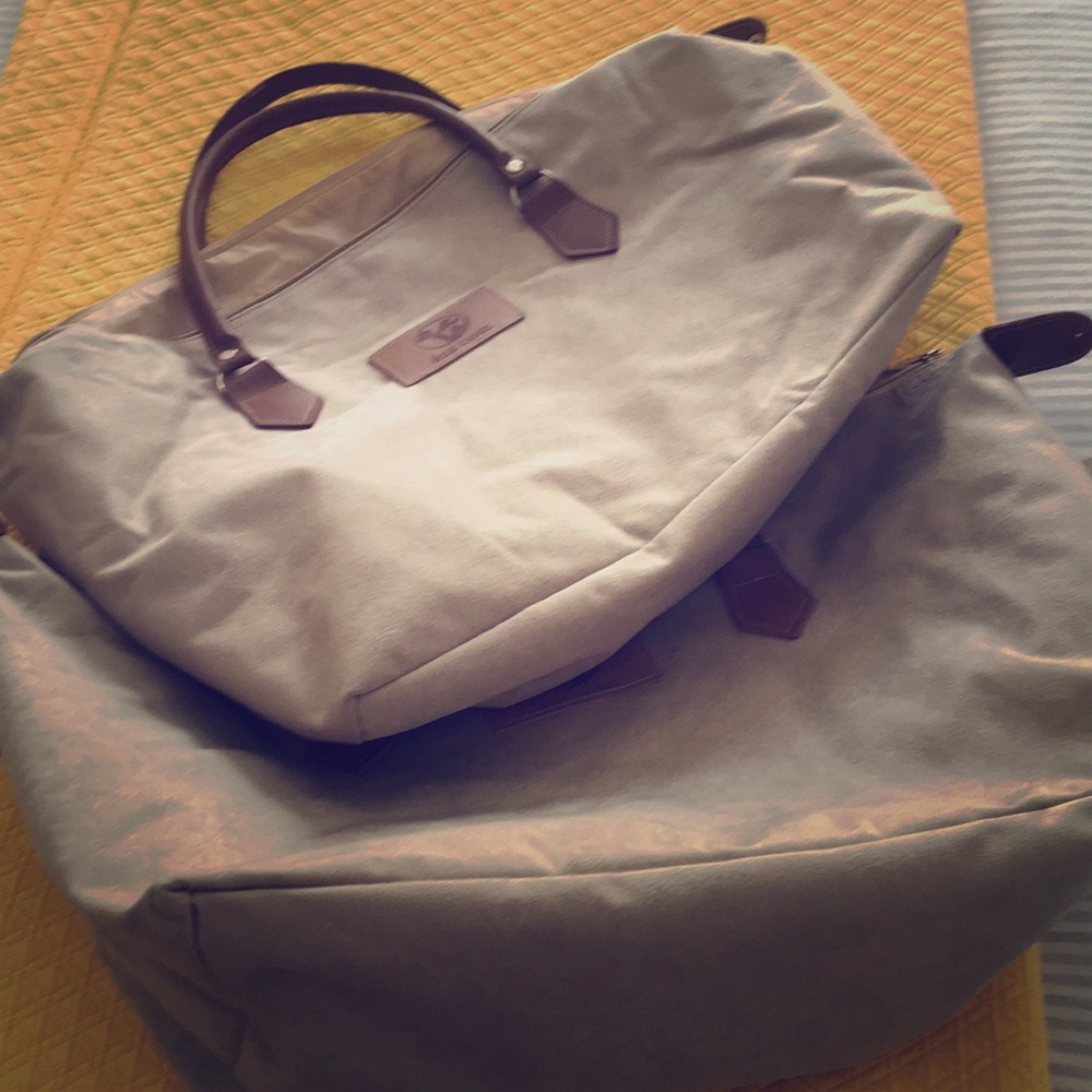Gray Canvas Travel Tote Bag with Brown Leather Handles